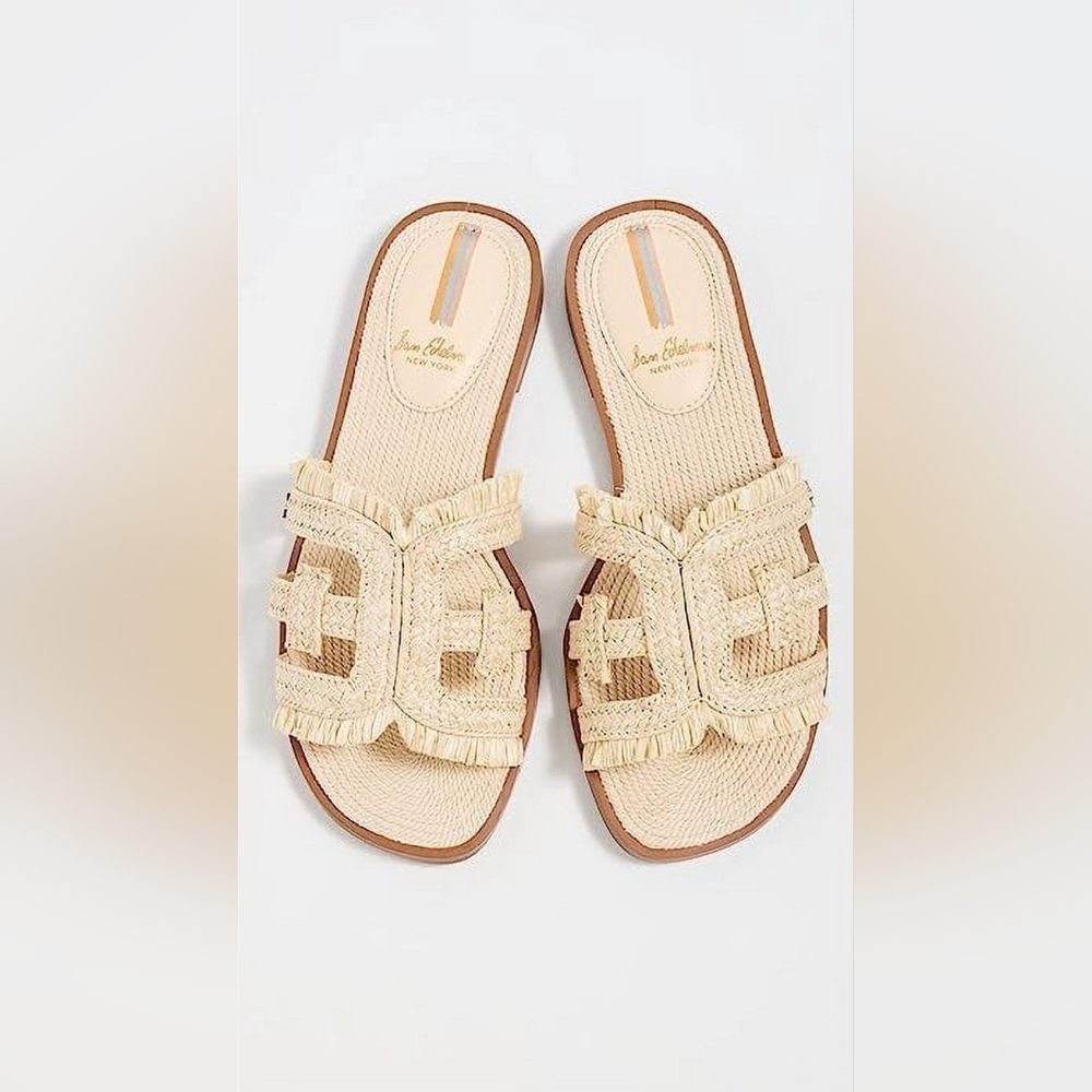 Sam Edelman Bay Natural Raffia Slide Mule Open-Toe Slip-On Leather Flats Sandals